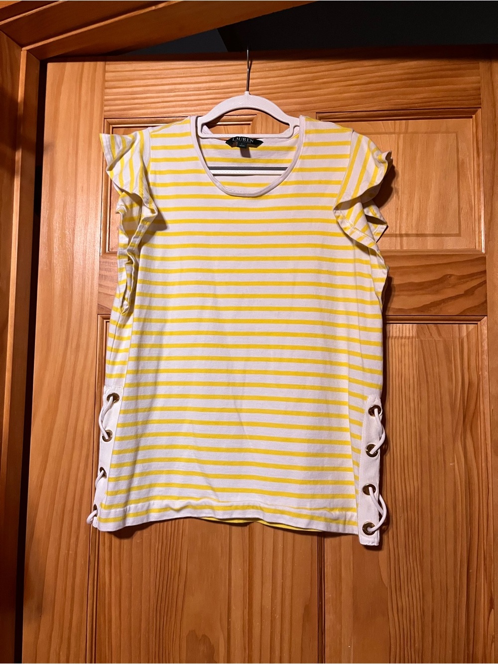 Ralph Lauren Yellow and White Striped Lace-Up Flutter Sleeve Tank